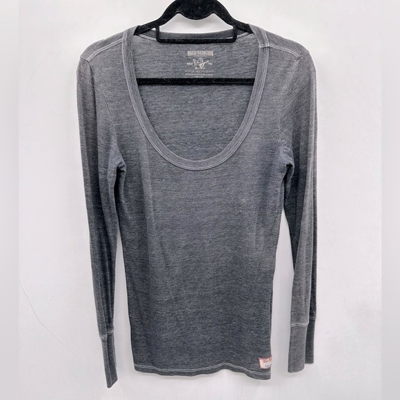 Y2K VINTAGE TRUE RELIGION open Grey woman long sleeve oversized  t-shirt XS - Picture 1 of 13